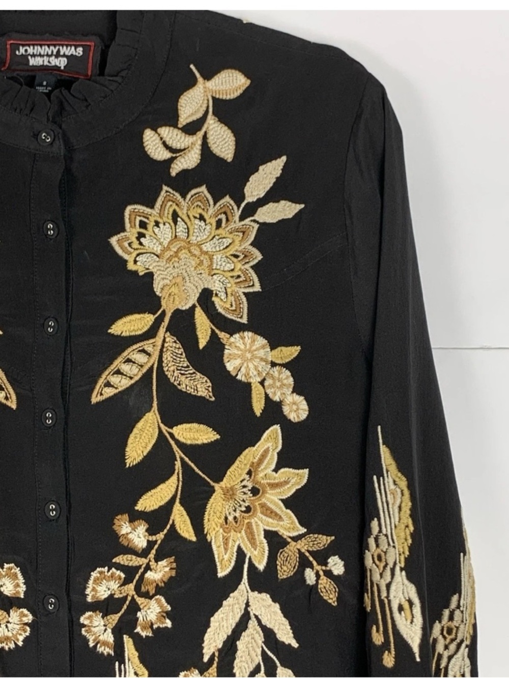 Johnny Was Workshop Silk Embroidered Boho Blouse Black Gold Button Front S - Picture 11 of 13